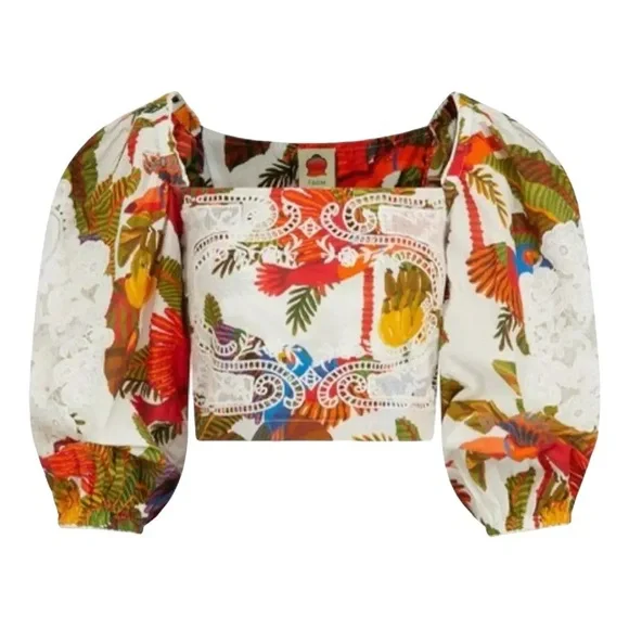 NWT Farm Rio Forest Birds crochet and guipure lace Cropped Blouse Size L - Picture 4 of 16